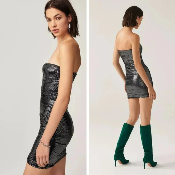 Ba&sh Maelle Embellished Sequin Strapless Bodycon Mini Dress Silver Black XS - Picture 2 of 8